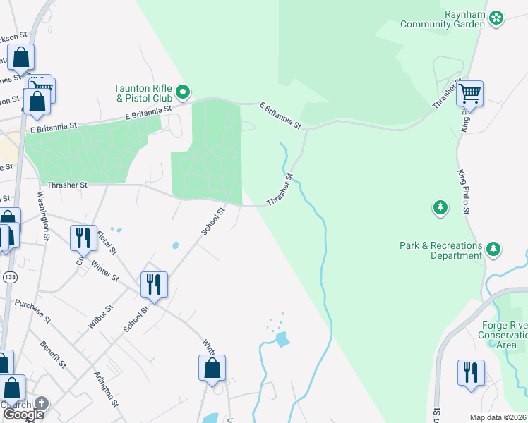 map of restaurants, bars, coffee shops, grocery stores, and more near 367 Thrasher Street in Taunton