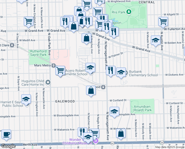 map of restaurants, bars, coffee shops, grocery stores, and more near 2040 North Natchez Avenue in Chicago