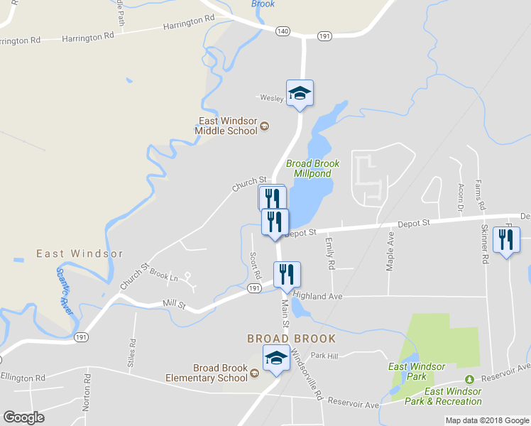 map of restaurants, bars, coffee shops, grocery stores, and more near 96 Main Street in East Windsor