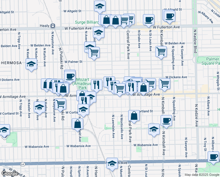 map of restaurants, bars, coffee shops, grocery stores, and more near 3712 West Armitage Avenue in Chicago