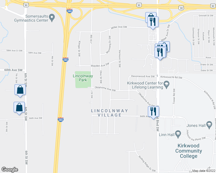 map of restaurants, bars, coffee shops, grocery stores, and more near 5670 Colorado Drive Southwest in Cedar Rapids