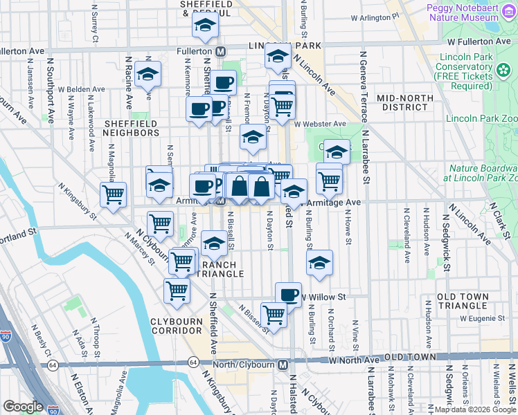 map of restaurants, bars, coffee shops, grocery stores, and more near 849 West Armitage Avenue in Chicago