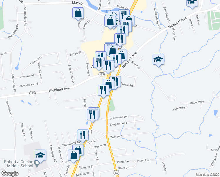 map of restaurants, bars, coffee shops, grocery stores, and more near 734 Newport Avenue in Attleboro