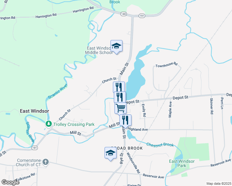 map of restaurants, bars, coffee shops, grocery stores, and more near 100 Main Street in East Windsor