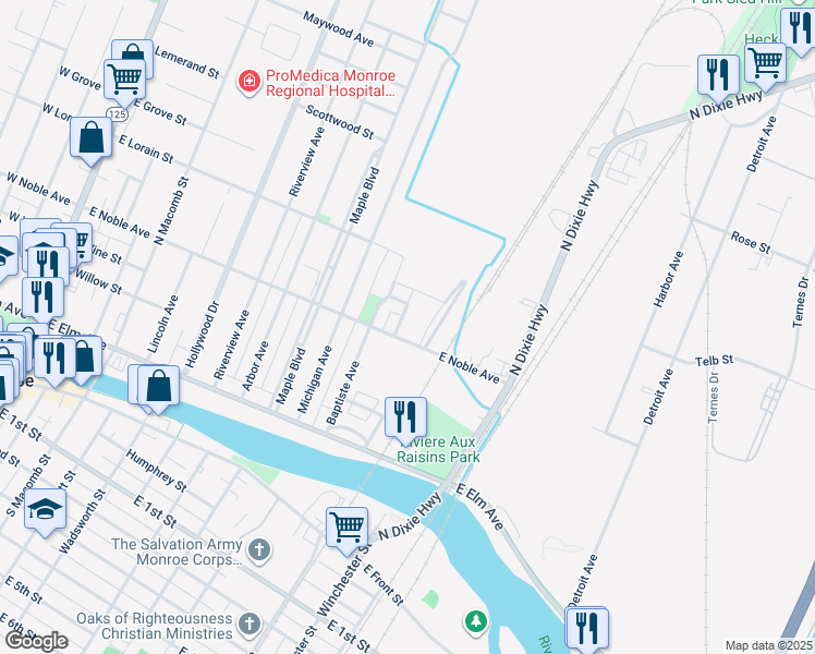 map of restaurants, bars, coffee shops, grocery stores, and more near 402 Lapointe Avenue in Monroe