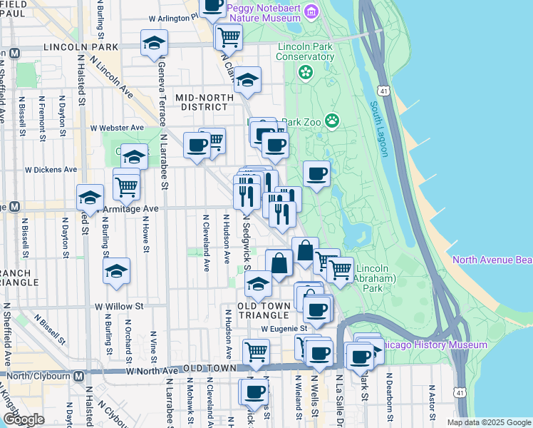 map of restaurants, bars, coffee shops, grocery stores, and more near 1939 North Lincoln Avenue in Chicago