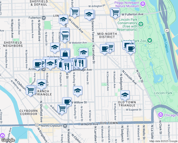 map of restaurants, bars, coffee shops, grocery stores, and more near 1950 North Howe Street in Chicago