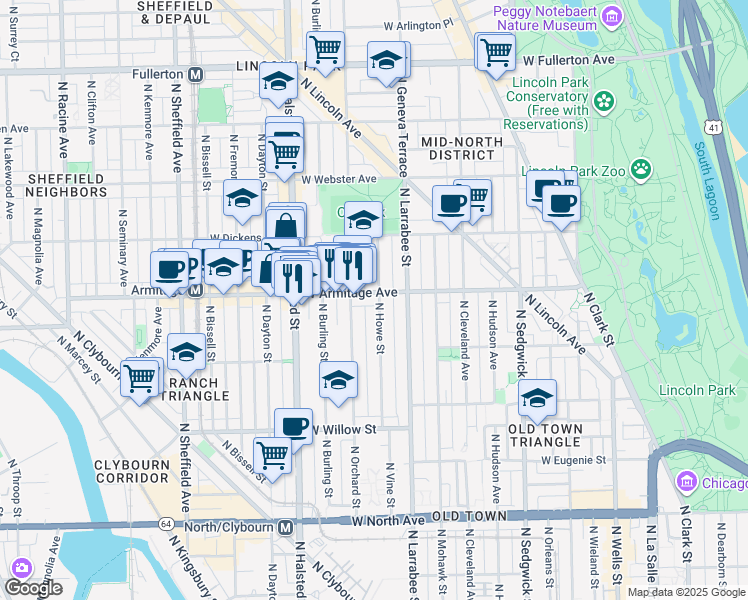 map of restaurants, bars, coffee shops, grocery stores, and more near 1950 North Howe Street in Chicago