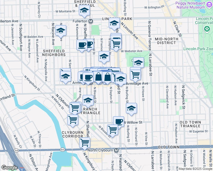 map of restaurants, bars, coffee shops, grocery stores, and more near 1948 North Fremont Street in Chicago