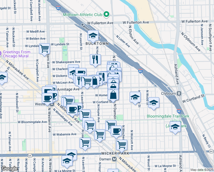 map of restaurants, bars, coffee shops, grocery stores, and more near 2047 West Armitage Avenue in Chicago
