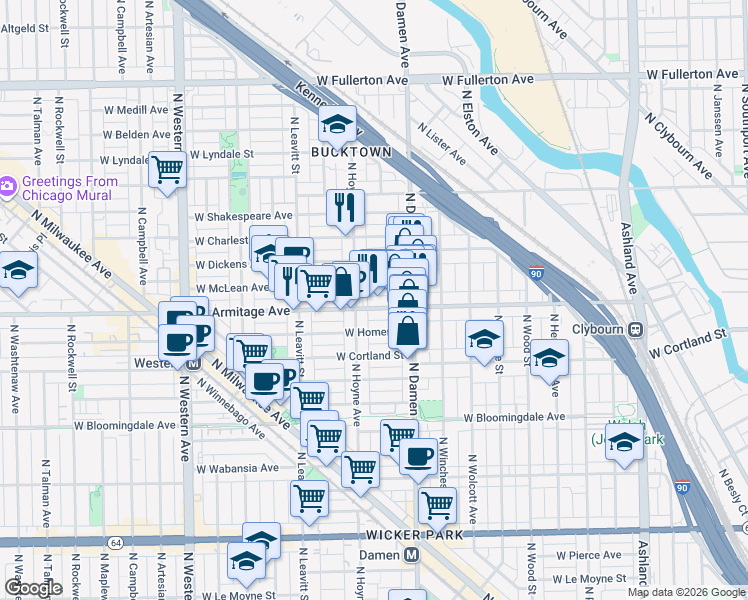 map of restaurants, bars, coffee shops, grocery stores, and more near 2047 West Armitage Avenue in Chicago