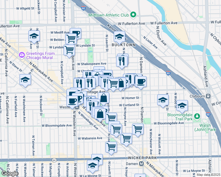 map of restaurants, bars, coffee shops, grocery stores, and more near 1955 North Leavitt Street in Chicago