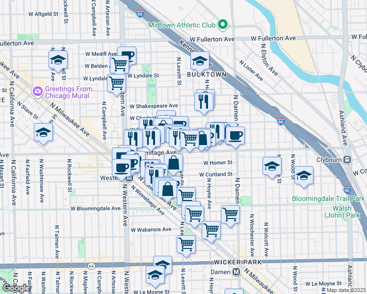 map of restaurants, bars, coffee shops, grocery stores, and more near 1955 North Leavitt Street in Chicago