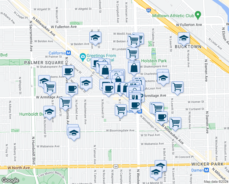 map of restaurants, bars, coffee shops, grocery stores, and more near 2464 West Armitage Avenue in Chicago