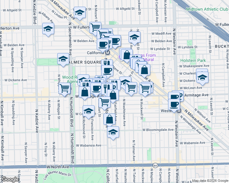 map of restaurants, bars, coffee shops, grocery stores, and more near 2728 West Armitage Avenue in Chicago