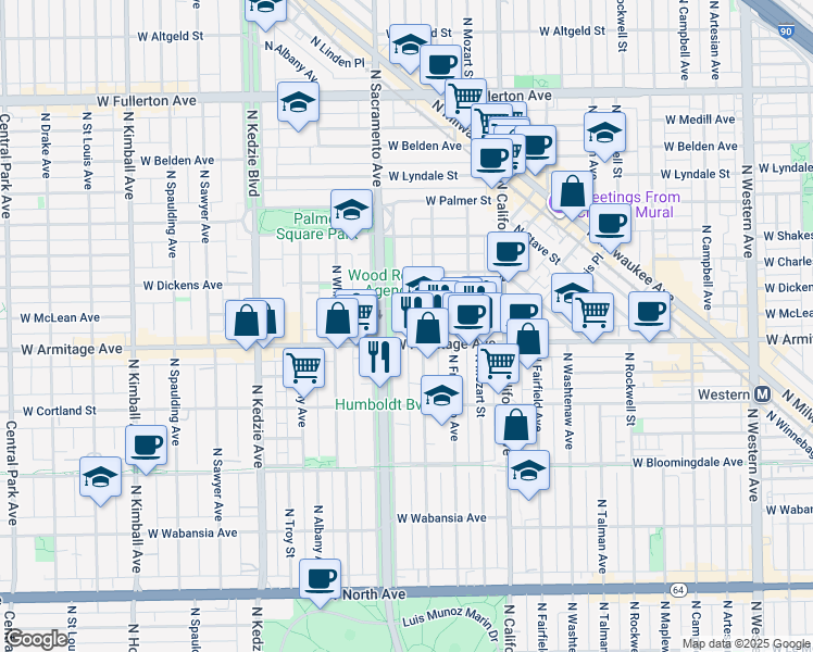 map of restaurants, bars, coffee shops, grocery stores, and more near 2930 West Armitage Avenue in Chicago