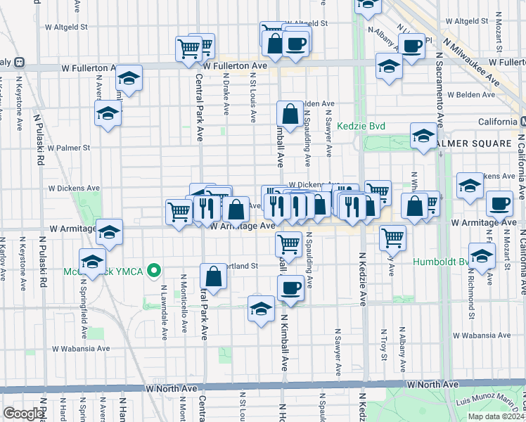 map of restaurants, bars, coffee shops, grocery stores, and more near in Chicago