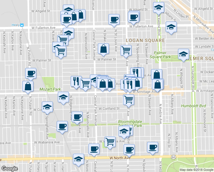 map of restaurants, bars, coffee shops, grocery stores, and more near in Chicago