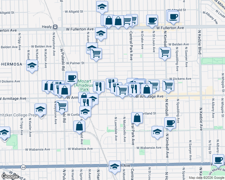 map of restaurants, bars, coffee shops, grocery stores, and more near 3712 West Armitage Avenue in Chicago