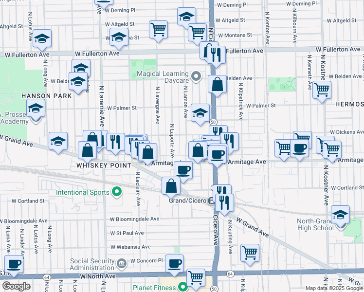 map of restaurants, bars, coffee shops, grocery stores, and more near 2017 North Lamon Avenue in Chicago