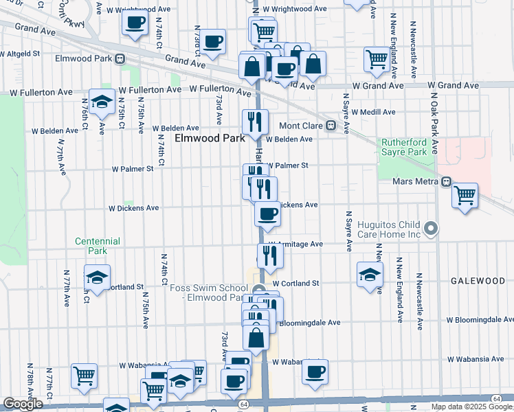 map of restaurants, bars, coffee shops, grocery stores, and more near 2035 North 72nd Court in Elmwood Park
