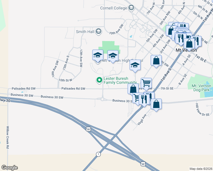 map of restaurants, bars, coffee shops, grocery stores, and more near 10th Avenue South in Mount Vernon