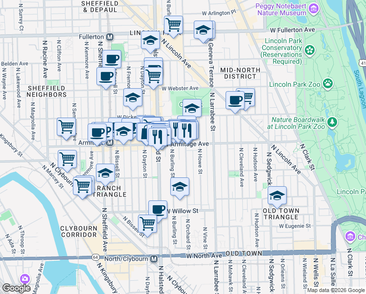 map of restaurants, bars, coffee shops, grocery stores, and more near 1970 North Orchard Street in Chicago