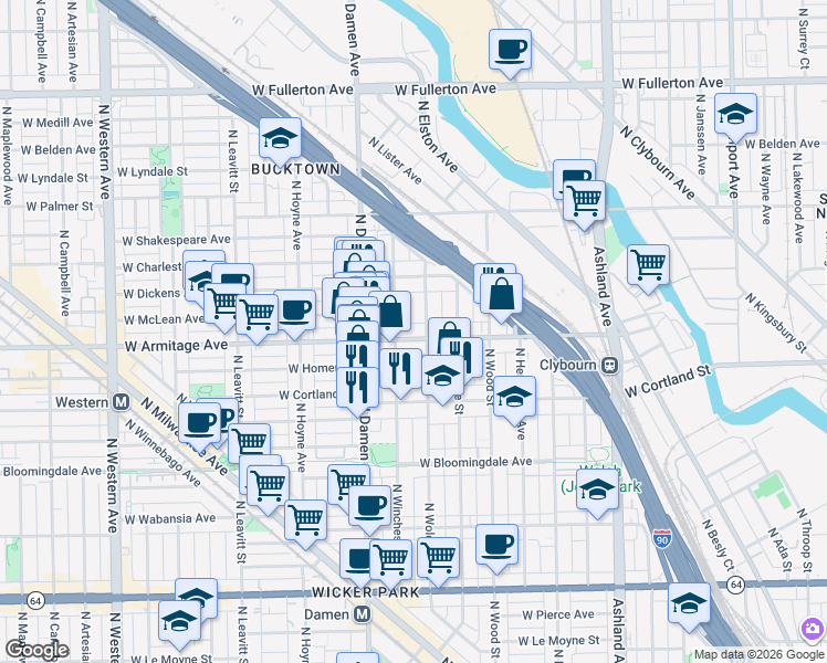 map of restaurants, bars, coffee shops, grocery stores, and more near 1857 West Armitage Avenue in Chicago