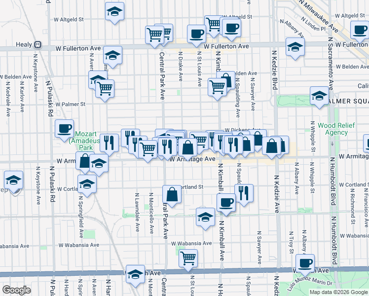map of restaurants, bars, coffee shops, grocery stores, and more near in Chicago