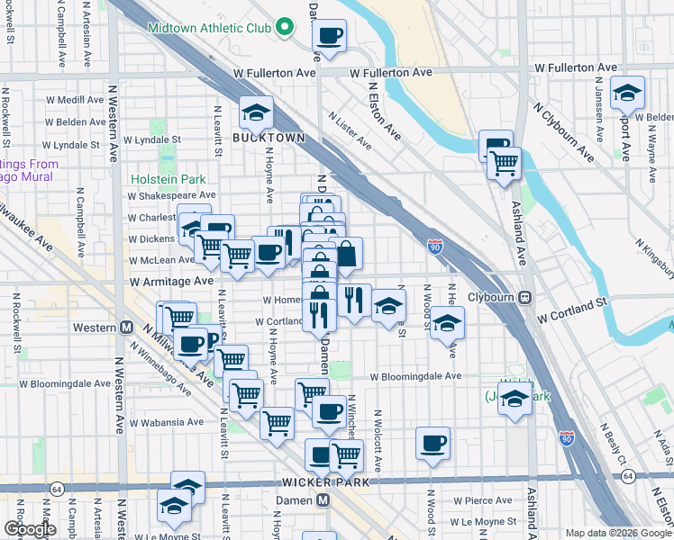 map of restaurants, bars, coffee shops, grocery stores, and more near 1956 West Armitage Avenue in Chicago