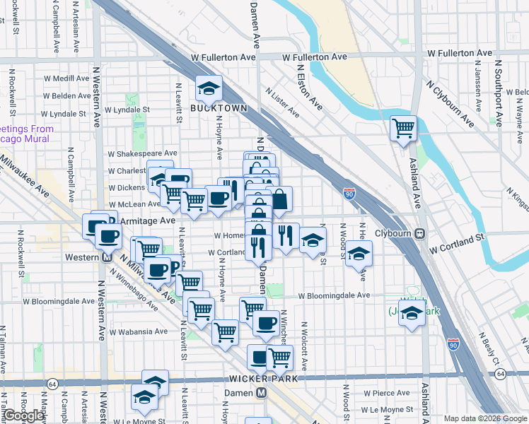 map of restaurants, bars, coffee shops, grocery stores, and more near 2009 N Damen Ave in Chicago