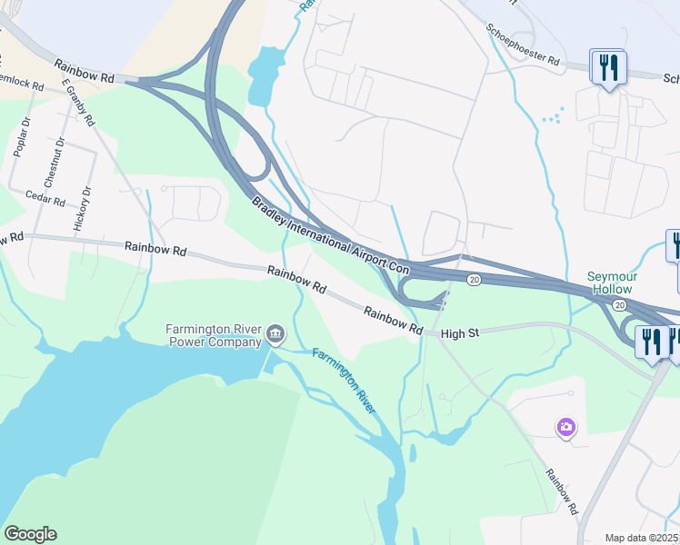 map of restaurants, bars, coffee shops, grocery stores, and more near 366 Rainbow Road in Windsor