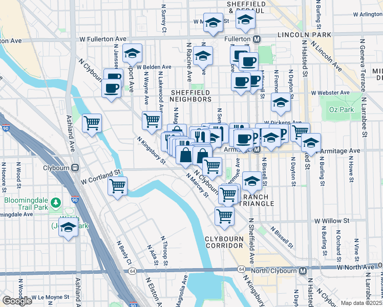 map of restaurants, bars, coffee shops, grocery stores, and more near W Armitage Ave & N Racine Ave in Chicago