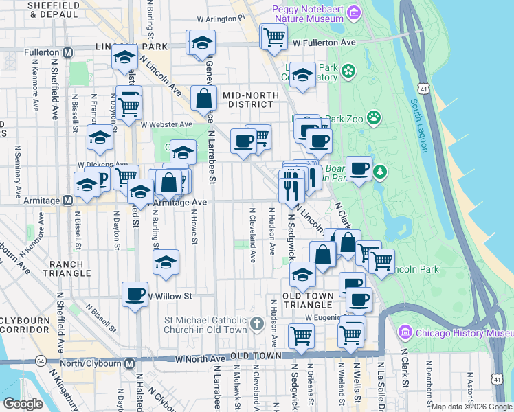 map of restaurants, bars, coffee shops, grocery stores, and more near 1953 North Cleveland Avenue in Chicago