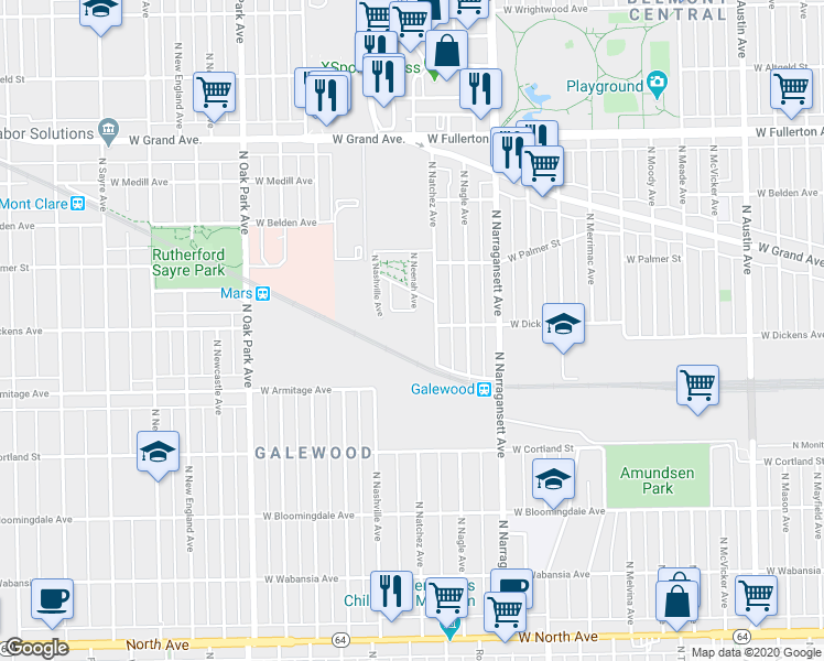 map of restaurants, bars, coffee shops, grocery stores, and more near 2040 North Natchez Avenue in Chicago