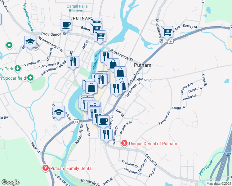map of restaurants, bars, coffee shops, grocery stores, and more near May Street in Putnam