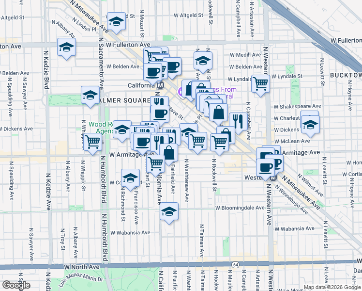 map of restaurants, bars, coffee shops, grocery stores, and more near 2028 North Point Street in Chicago