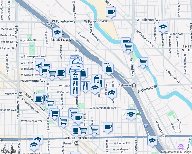 map of restaurants, bars, coffee shops, grocery stores, and more near 1857 West Armitage Avenue in Chicago