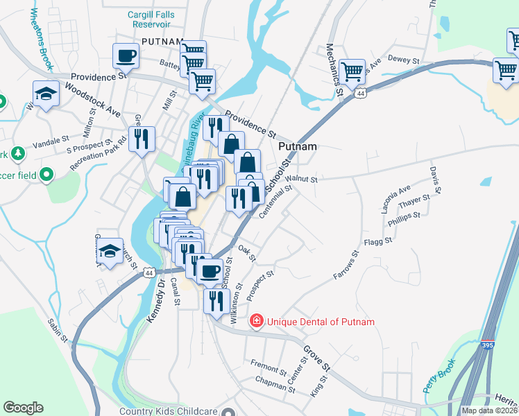 map of restaurants, bars, coffee shops, grocery stores, and more near 5 Centennial Street in Putnam