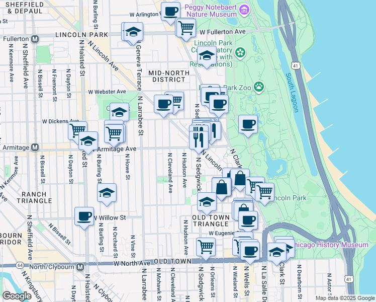 map of restaurants, bars, coffee shops, grocery stores, and more near 1932 North Sedgwick Street in Chicago