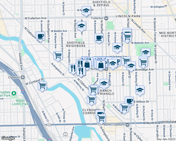map of restaurants, bars, coffee shops, grocery stores, and more near 1956 North Seminary Avenue in Chicago