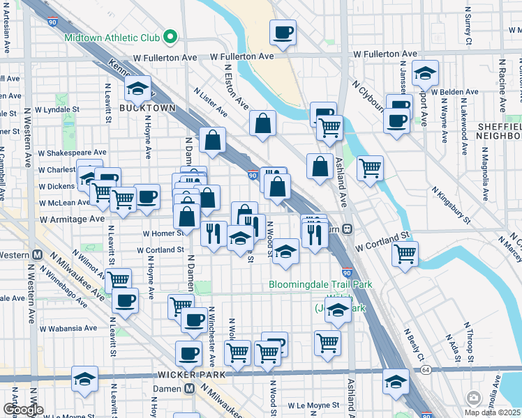 map of restaurants, bars, coffee shops, grocery stores, and more near 1815 West Armitage Avenue in Chicago
