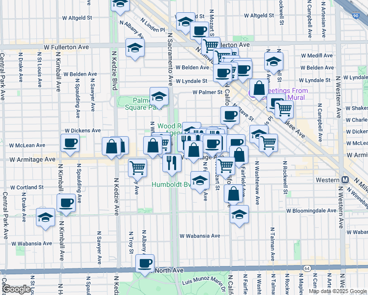 map of restaurants, bars, coffee shops, grocery stores, and more near 2930 West Armitage Avenue in Chicago