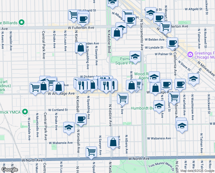 map of restaurants, bars, coffee shops, grocery stores, and more near 3222 West Armitage Avenue in Chicago