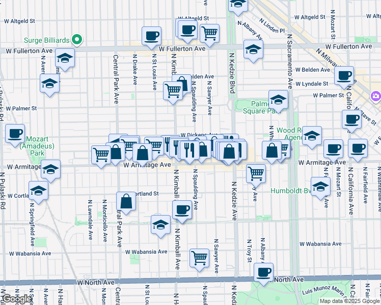 map of restaurants, bars, coffee shops, grocery stores, and more near 3316 West Armitage Avenue in Chicago