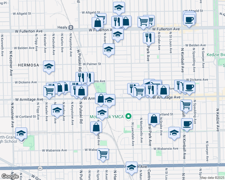map of restaurants, bars, coffee shops, grocery stores, and more near 3780 West Armitage Avenue in Chicago