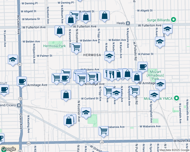 map of restaurants, bars, coffee shops, grocery stores, and more near 4254 West Armitage Avenue in Chicago