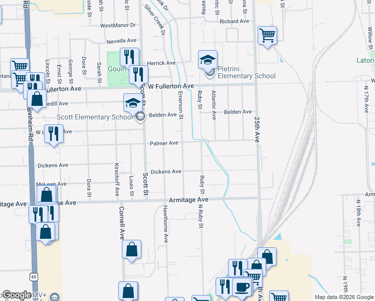 map of restaurants, bars, coffee shops, grocery stores, and more near 2120 Emerson Street in Melrose Park