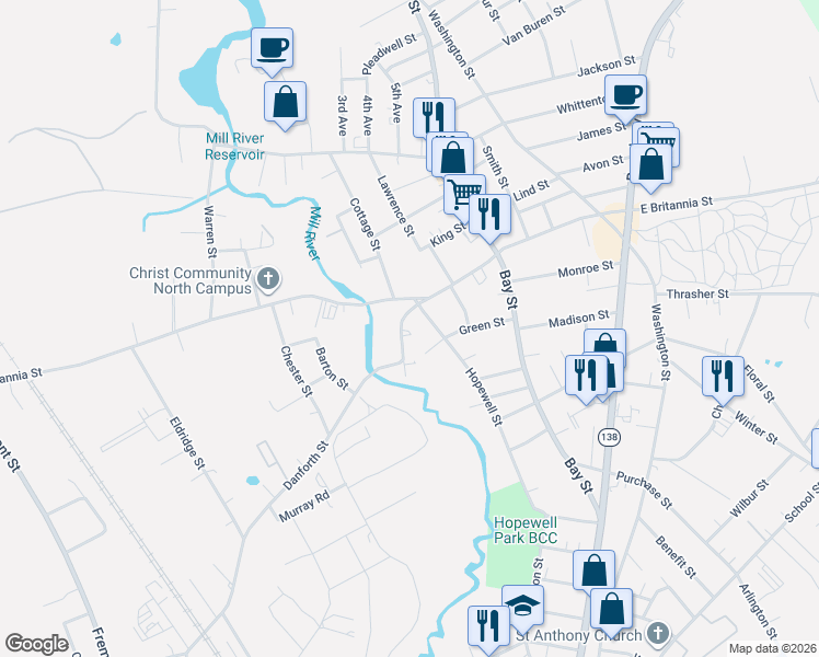 map of restaurants, bars, coffee shops, grocery stores, and more near 25 Danforth Street in Taunton