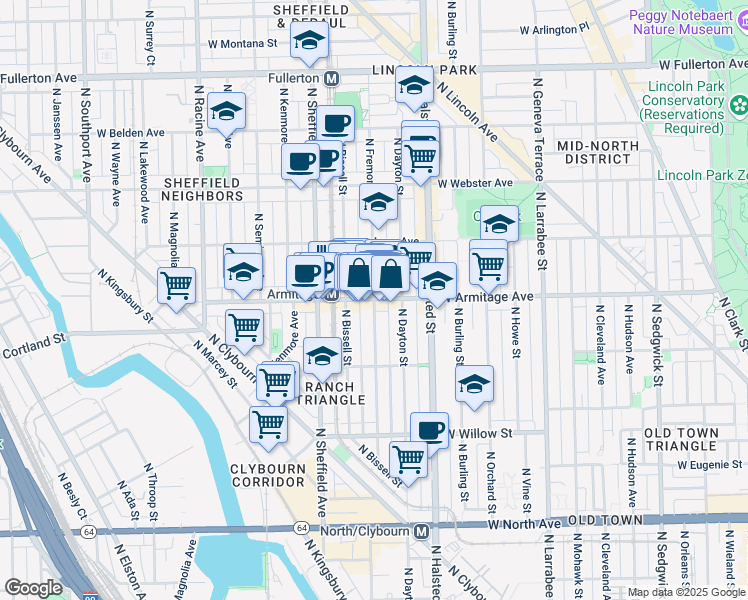 map of restaurants, bars, coffee shops, grocery stores, and more near West Armitage Avenue & North Fremont Street in Chicago